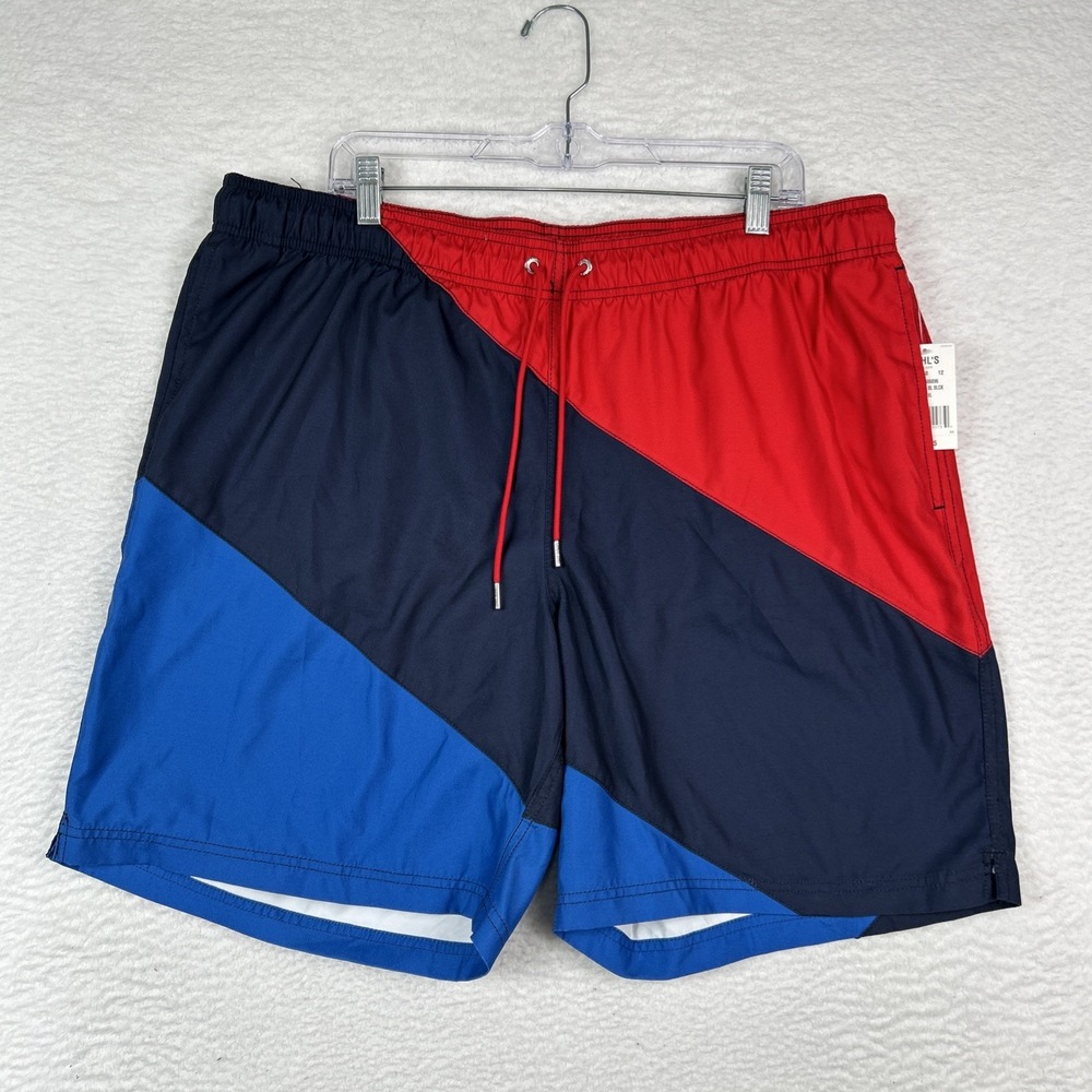 NWT Lands End‎ Lined 8" Volley Swim Trunks Red Blue Colorblock Men's Sz XL 40-42